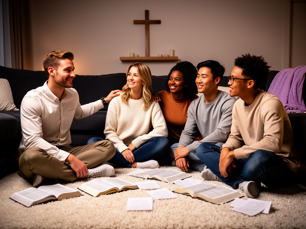 Five friends gathered around open Bibles in a living room, talking together beneath a wall cross.