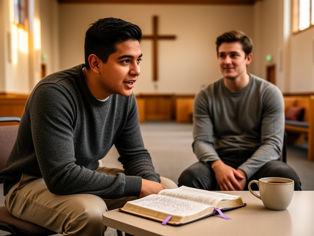Two men gathered with an open Bible, sharing a quiet moment of Scripture reflection.