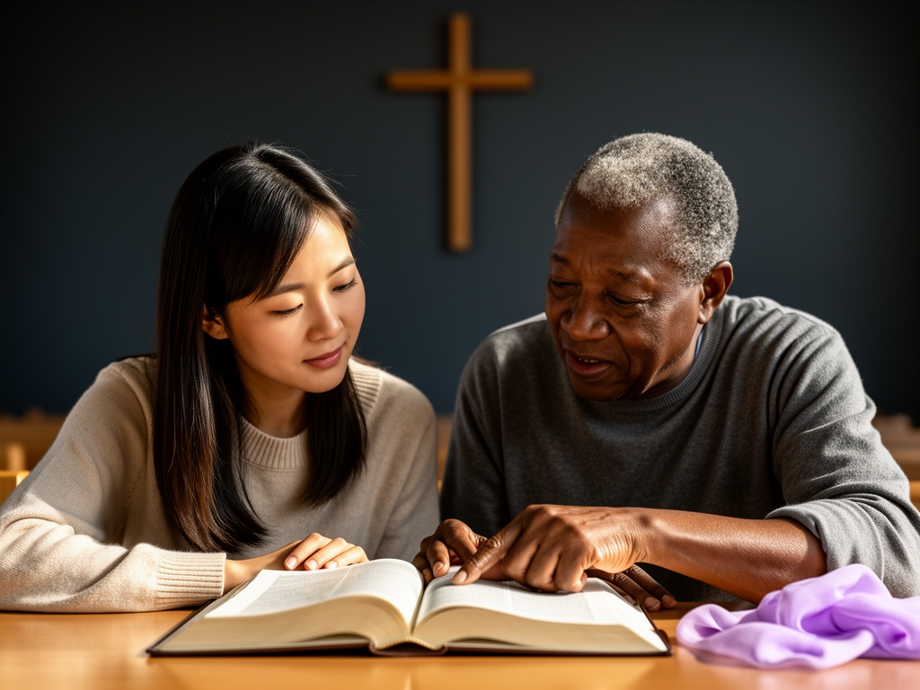 Two people studying an open Bible together at a table beneath a wall cross.